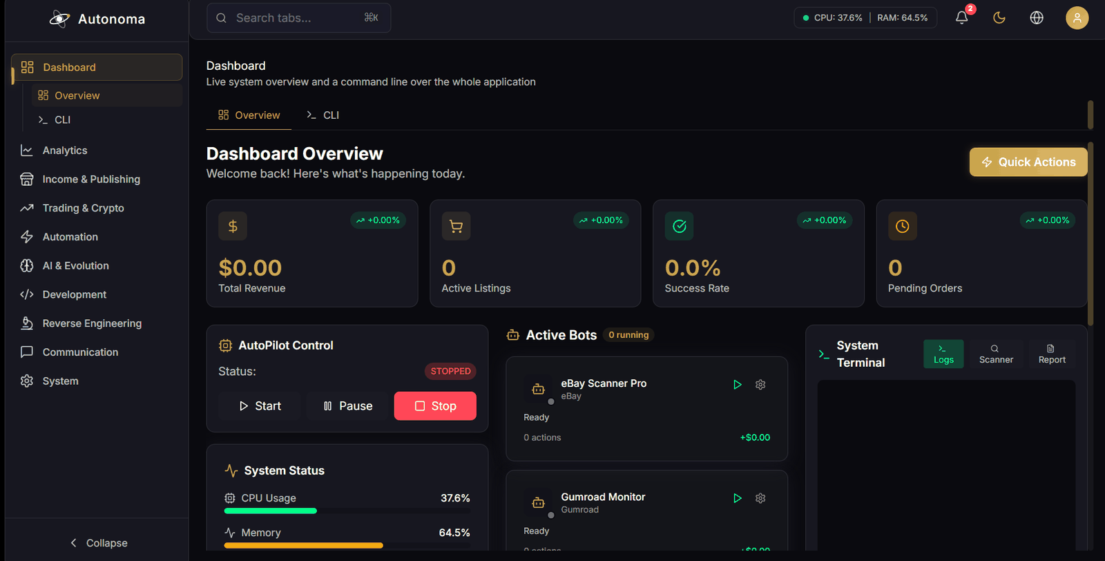 The Autonoma dashboard: a sidebar listing Dashboard, Analytics, Income and Publishing, Trading and Crypto, Automation, AI and Evolution, Development, Reverse Engineering, Communication and System; four figures across the top reading zero on a new installation; AutoPilot stopped; and a list of ready bots.