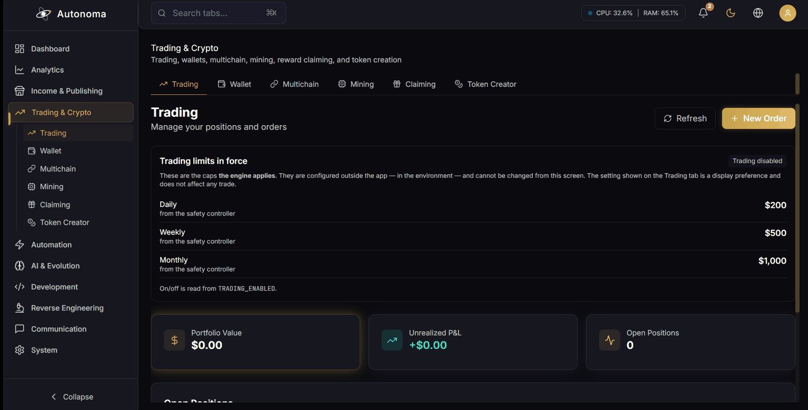 The Trading and Crypto area, showing trading disabled by default and the spending caps the engine actually applies, read from the environment rather than this screen.